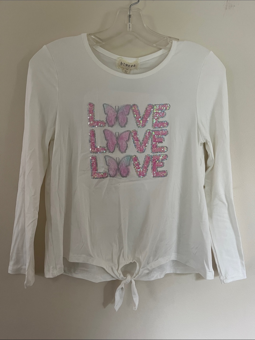 btween White Long Sleeve Tie-Front Top with Pink Sequin LOVE and Butterfly Motif